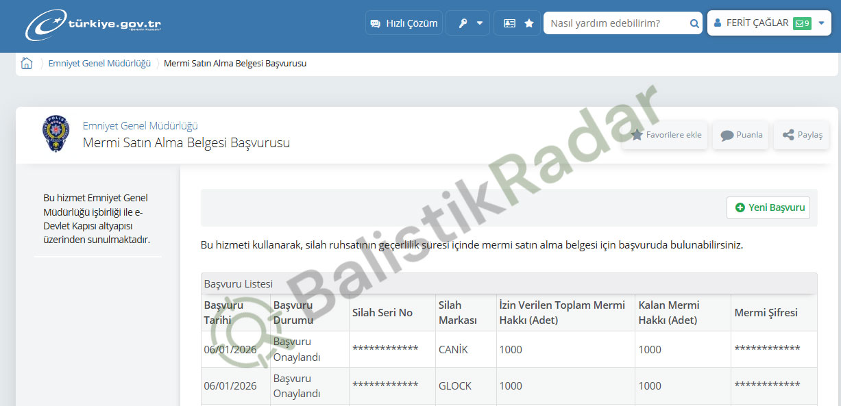 E-Devlet mermi satın alma başvurusu ekranı